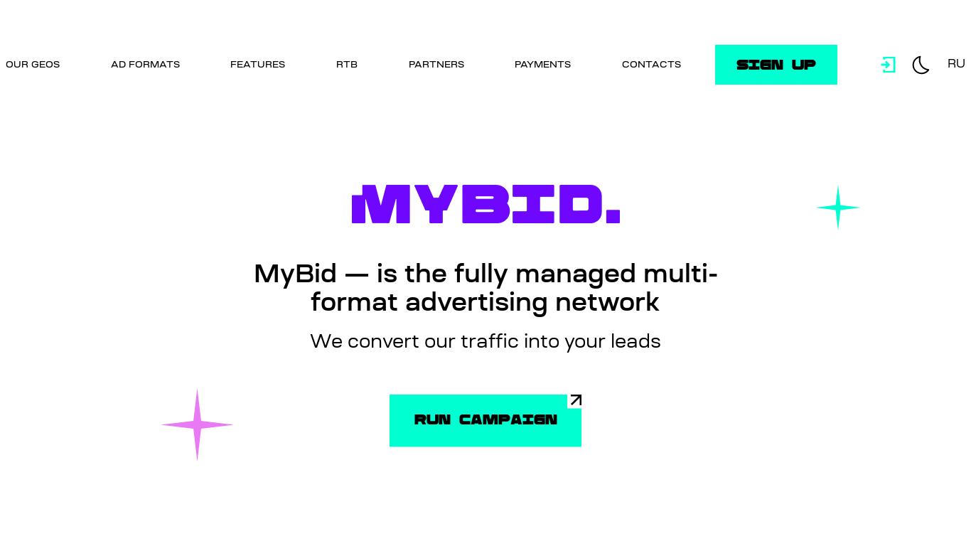 MyBid.io is an advertising network for buying traffic. Formats: Video, Native, Push Notifications, In-Page-Push, PopUnder, Banner. The best platform for publishers with 100% traffic buyout.