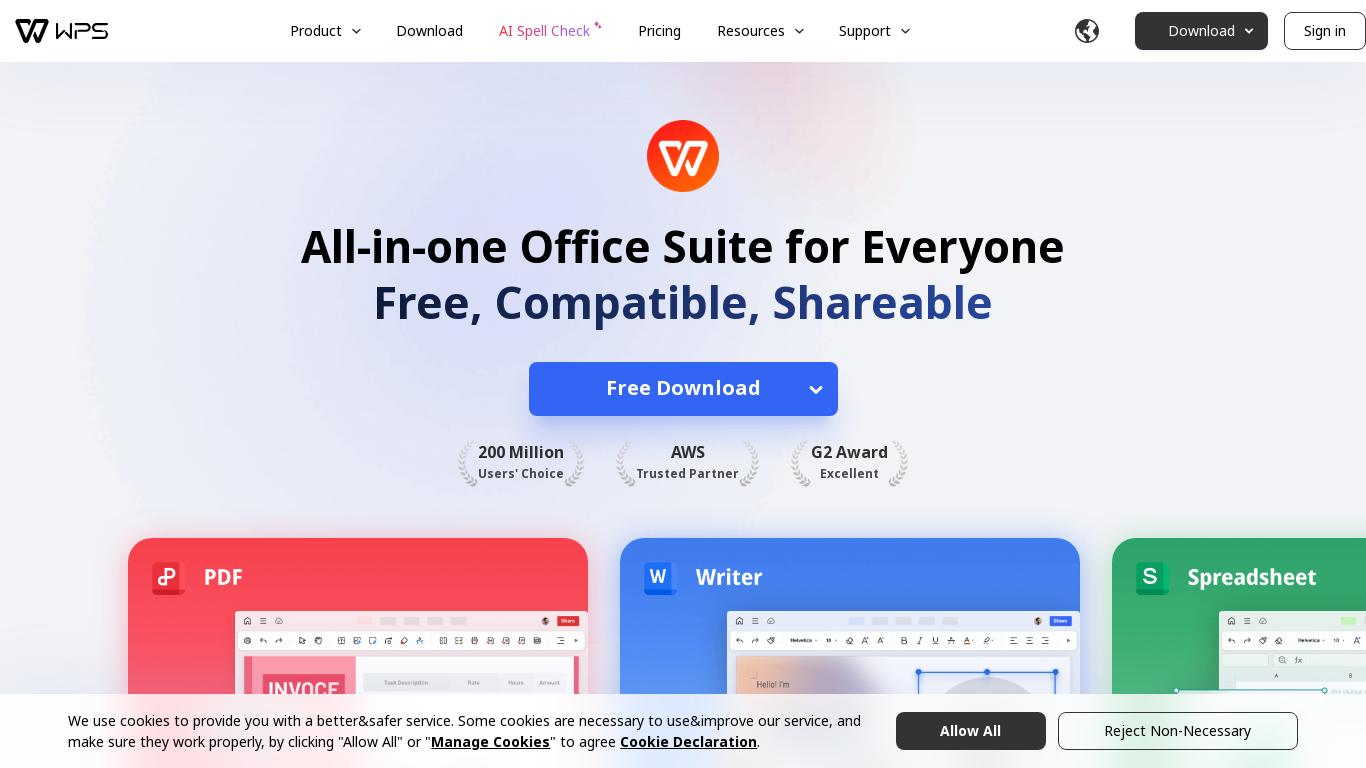 WPS Office is a free and all-in-one Office suite, highly compatible with Microsoft Office Word, Excel, PPT and PDF. Can be downloaded online and free trial for Windows, Mac, iOS, Android and Linux.