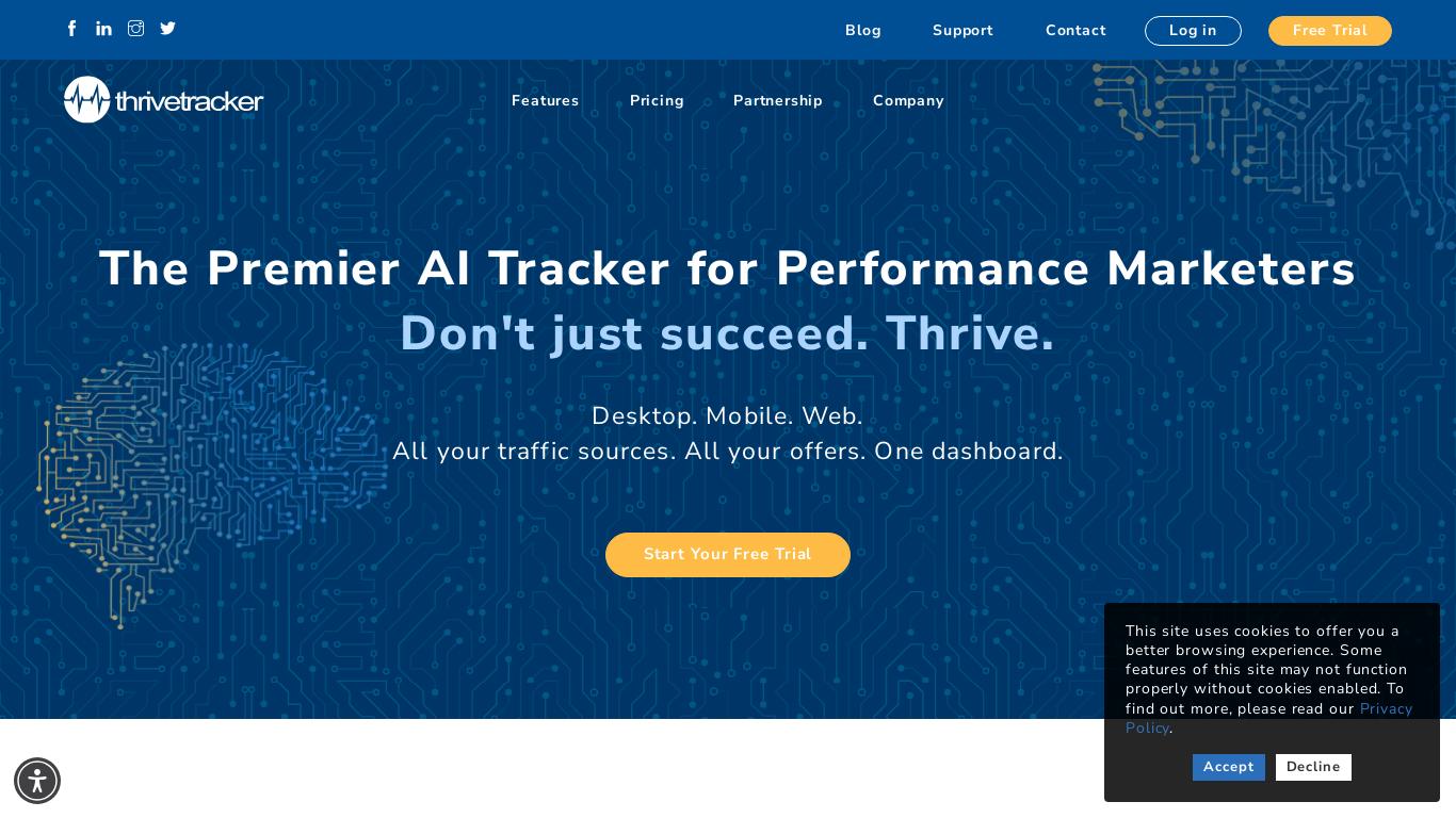 ThriveTracker is the premier AI Tracker for performance marketers. All traffic sources and offers in one easy dashboard. Start your FREE 14-day trial today!