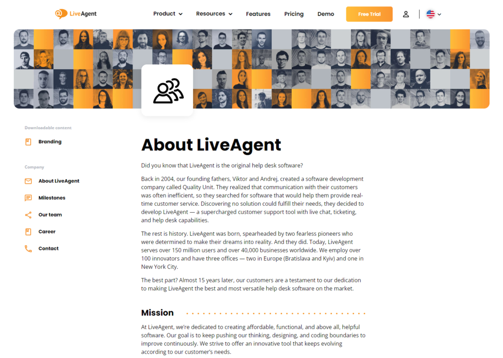 Página Sobre nós do LiveAgent