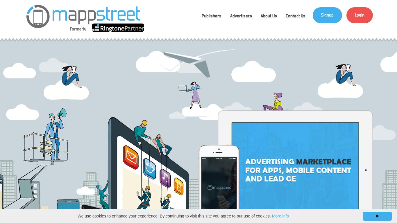 Mappstreet offers high commissions in the mobile content industry with over 2000 web and mobile offers from direct advertisers in 70+ countries. They provide 24/7 customer support and a comprehensive interface. They offer premium rates for big traffic sources and an API feed for converting apps. They also offer a 1 click flow for mobile traffic with WiFi fallback. Contact them through their website. They use cookies to enhance user experience.