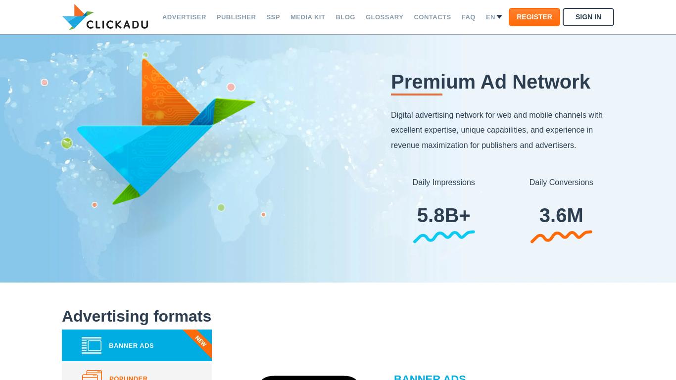 Clickadu is a leading ad network offering a comprehensive suite of advertising solutions for publishers and advertisers. From banner advertising to push notifications and pre-roll video ads