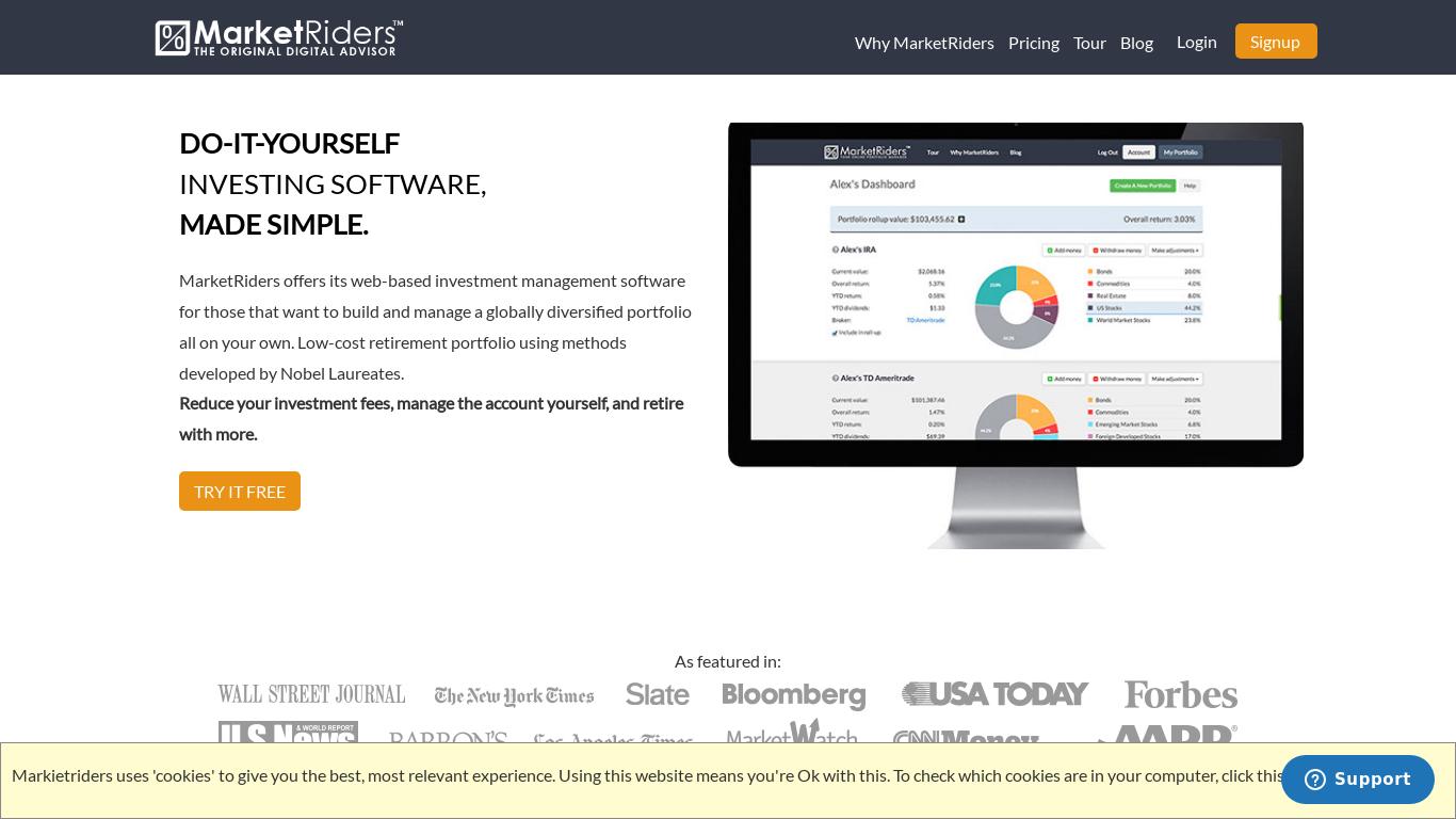 MarketRiders offers web-based investment management software for building and managing diversified portfolios. Reduce fees and manage your account for a secure retirement. Try it free or talk to an advisor.