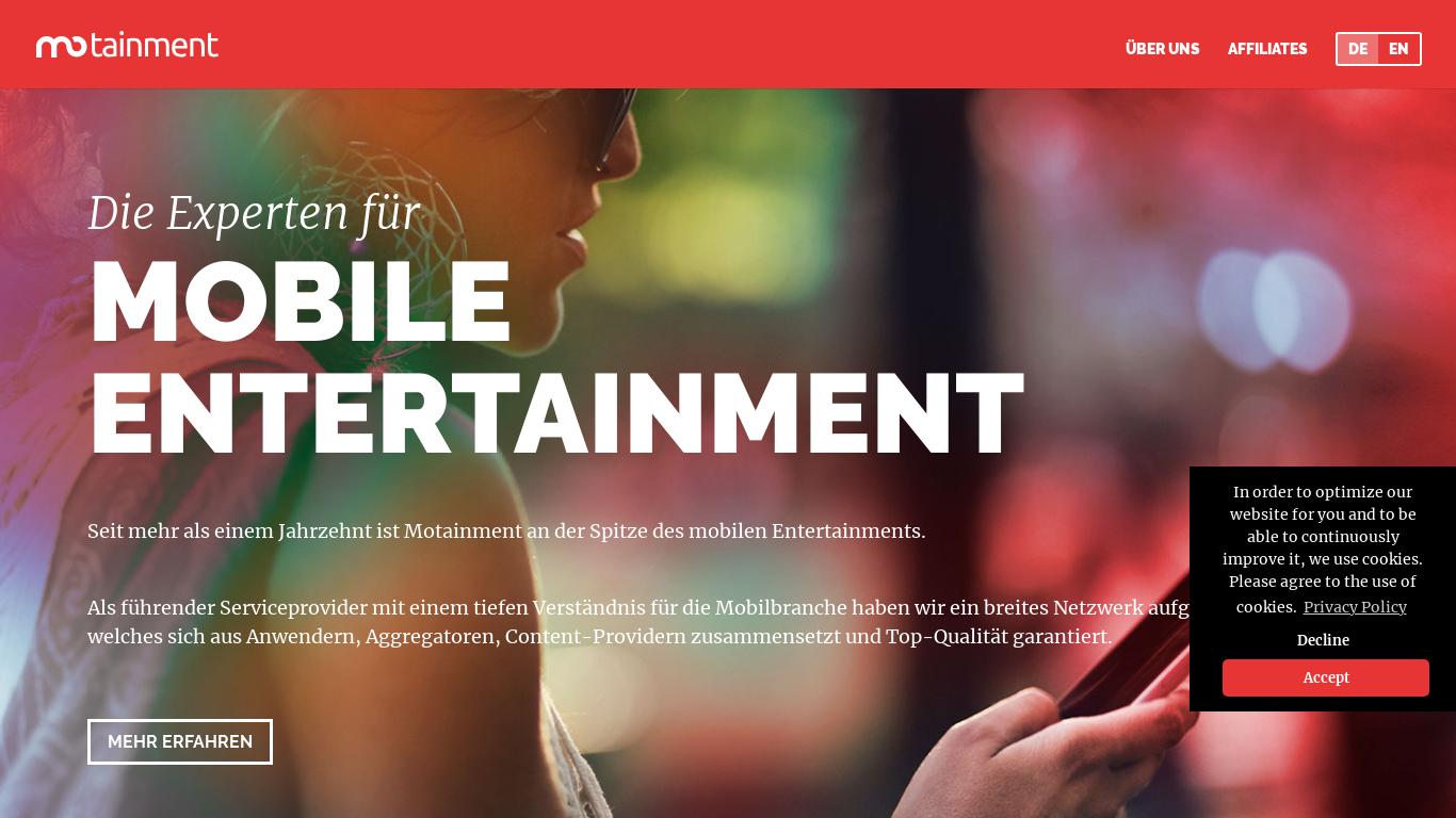 Motainment is a leading mobile entertainment and marketing company with a vast network of partners. They specialize in 100% performance advertising and offer high-quality mobile content. Contact them for business inquiries.