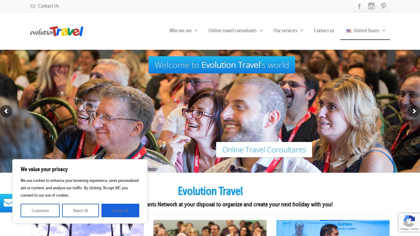 Evolution Travel è un'agenzia di viaggi e tour operator che opera interamente online, offrendo consulenti di viaggio specializzati e personalizzati, accessibili tramite web, telefono, Skype e Facebook. La rete di consulenti offre soluzioni su misura per ogni destinazione, garantendo la massima qualità e sicurezza.