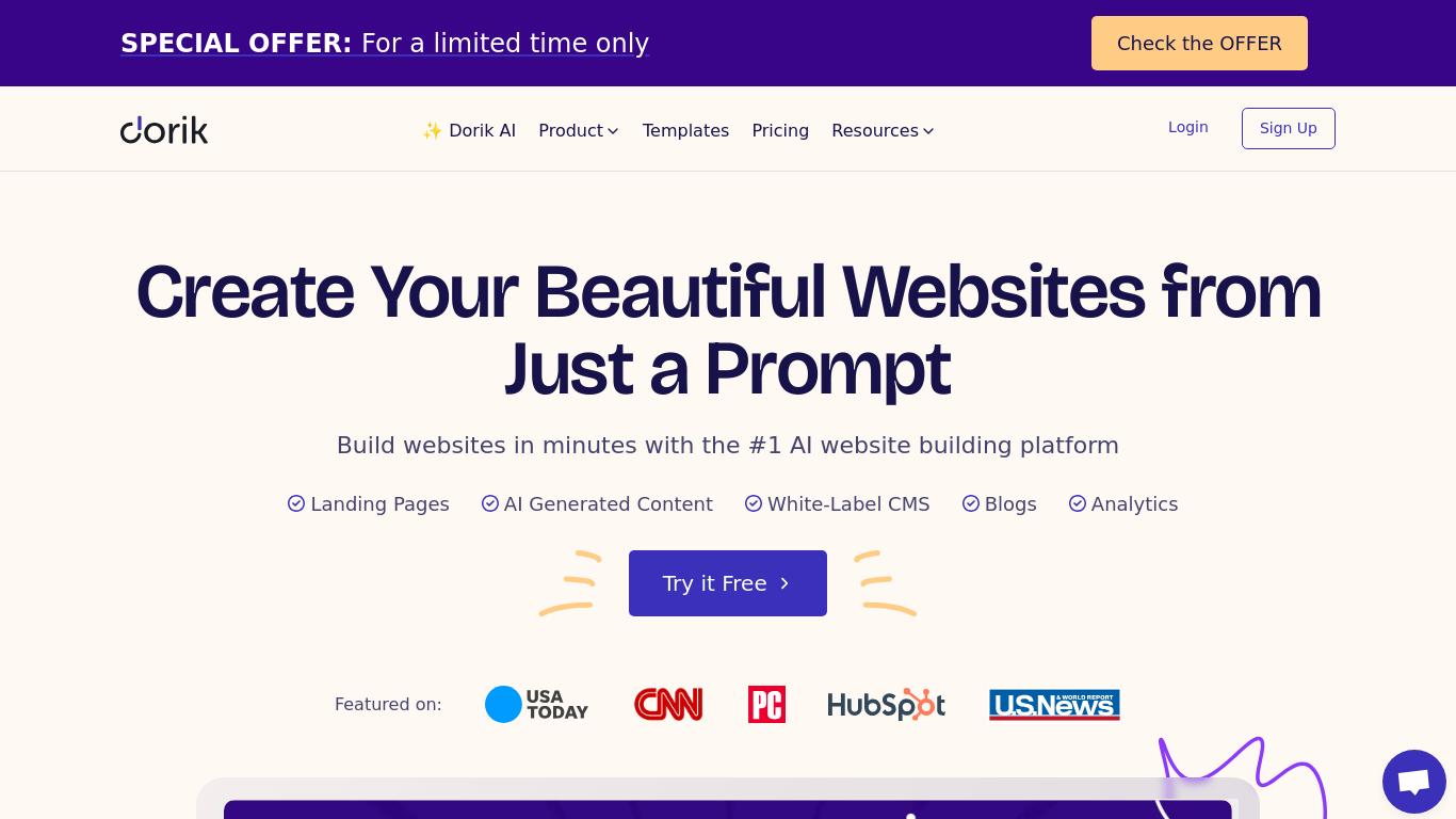 Create your stunning website with ease using Dorik AI Website Builder. Benefit from user-friendly design tools, advanced business solutions, AI tools, and powerful SEO features. Start with Dorik for free.