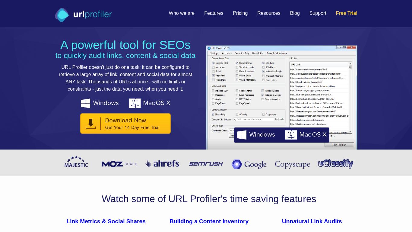 URL Profiler is a versatile tool for SEOs, offering features like link audits, content inventory, and social data retrieval. It's a time-saving must-have for data analysis.