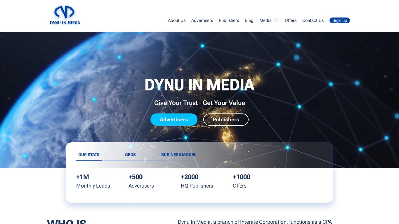 Dynu In Media is an Affiliate Marketing Network that has over 10 years of experience and specializes in various models such as CPA/CPL/CPC/CPS/CPI/CPV. They help advertisers find quality publishers for their online advertising campaigns and allow publishers to generate revenue through referral commissions. The company prides itself on its expertise in digital marketing and constantly revolutionizing its approach with state-of-the-art technologies. They offer diverse verticals, ad models, high payouts, and diverse traffic types. Top verticals include surveys, sweepstakes, finance, e-commerce, and education, with rates ranging up to $140.
