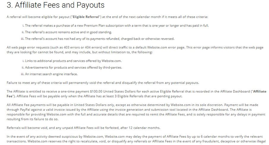 Taxas e pagamentos de afiliados do Website.com