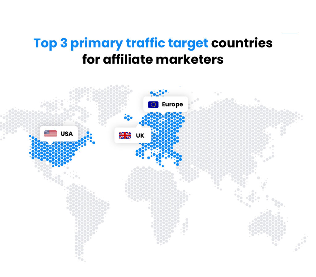 3 principais países de destino de tráfego primário para comerciantes afiliados - EUA, Reino Unido, UE