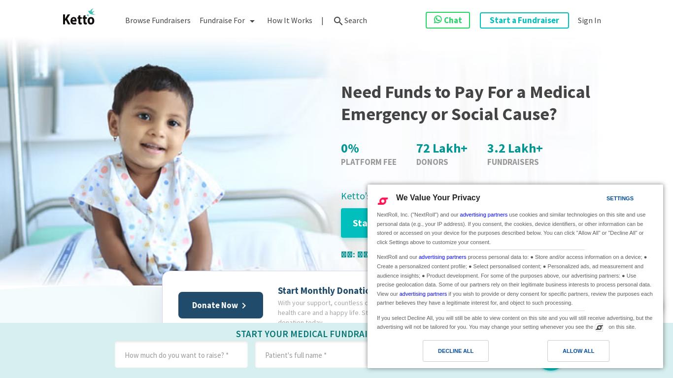 Ketto is crowdfunding website in India! With Ketto.org you can Start Campaigns to raise funds for causes such as Medical, Education, Memorial, Sports, & NGO.