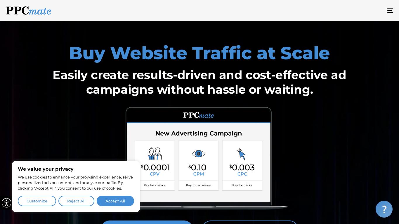 Buy website traffic with PPCmate and create easily result-driven and cost-effective advertising campaigns without any hassle or waiting.