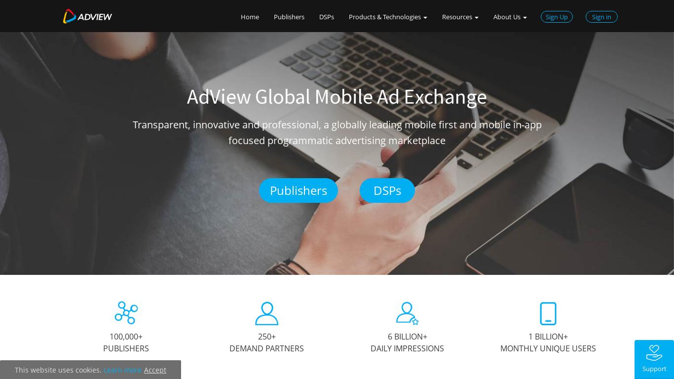 AdView is a leading mobile ad exchange with a focus on in-app advertising. It offers a comprehensive platform for publishers and DSPs, targeting over 1 billion unique mobile users and providing a smarter media buying experience. Testimonials from partners highlight its reliable performance and support.
