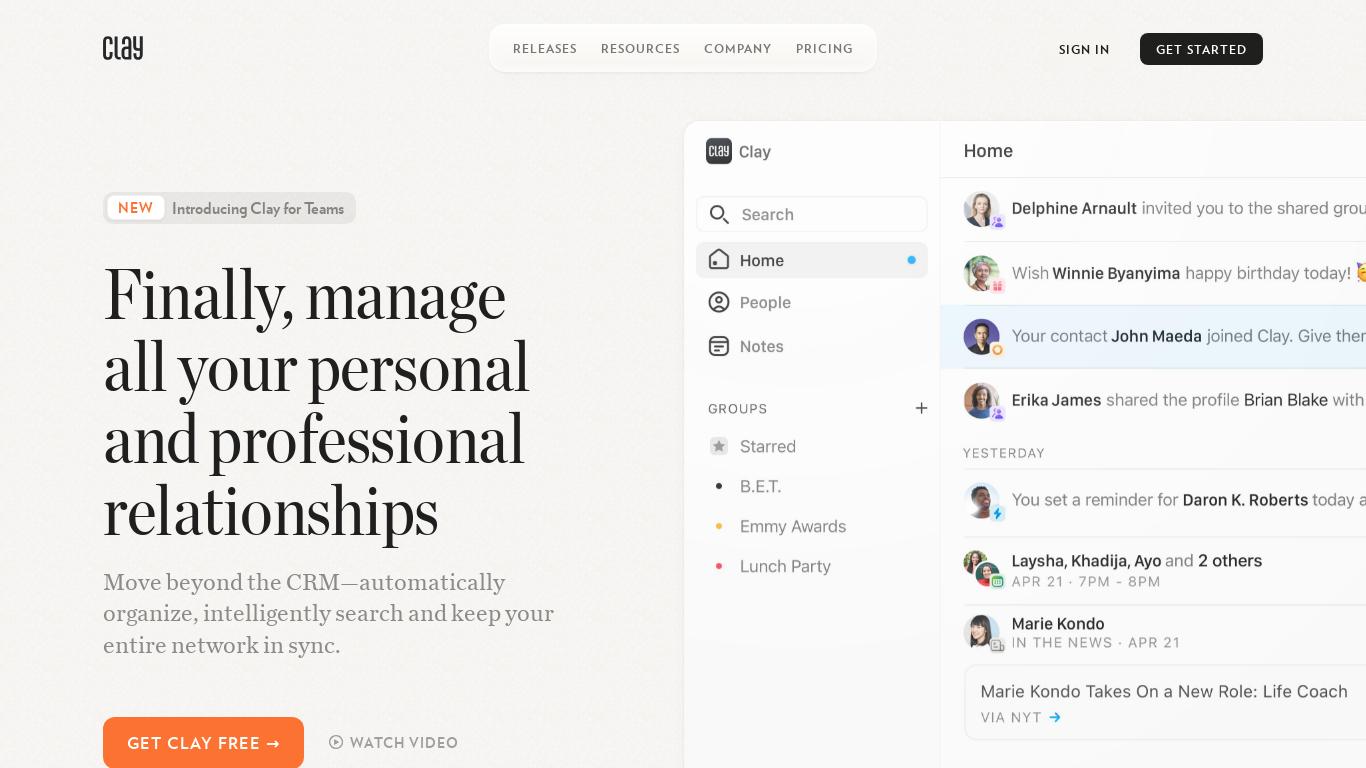 Clay is a beautiful rolodex and CRM for iPhone, Mac, Windows, and web, built automatically to help you manage your personal and professional relationships.