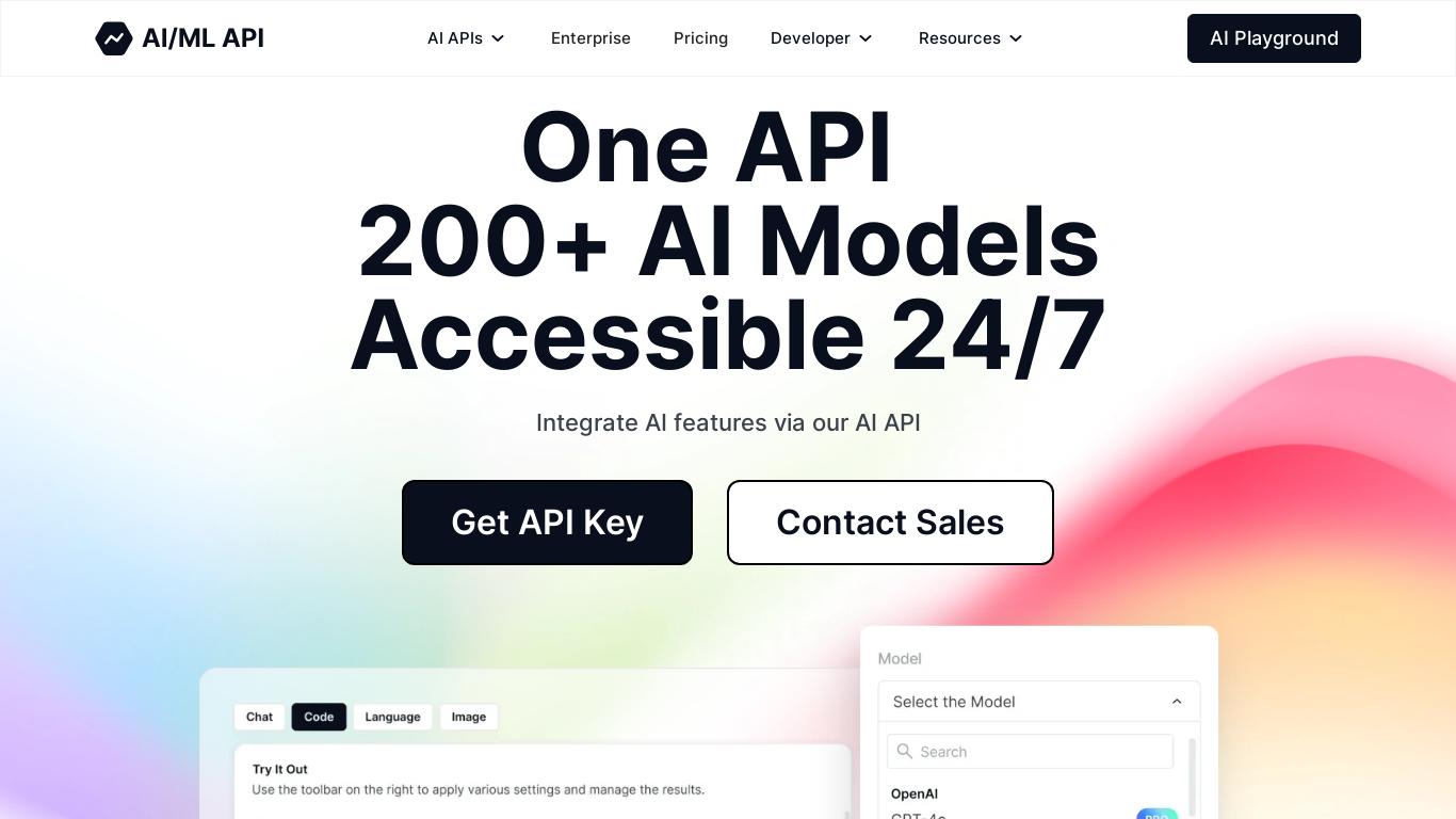 Access over 100 AI models with low latency and high scalability AI API. Save up to 80% compared to OpenAI. Fast, cost-efficient, and perfect for advanced machine learning projects. AI Playground.