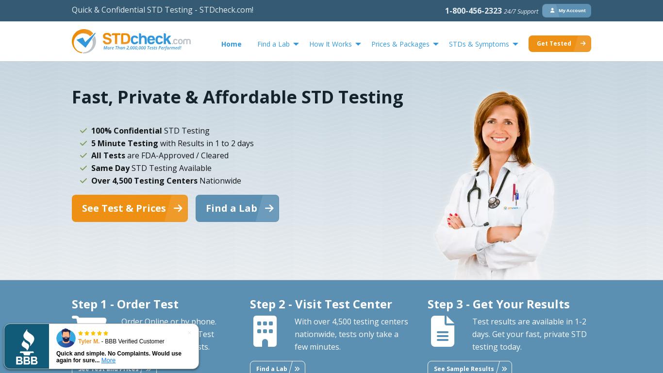 STDcheck.com offers FDA-approved and CLIA-certified STD testing services with fast results in 1-2 days. They provide unique testing options, including an RNA-based HIV detection test, and have a simple testing process without any paperwork. The service offers multiple payment options but doesn't accept health insurance to protect privacy. The website also provides a test recommender and resources about STDs and symptoms.