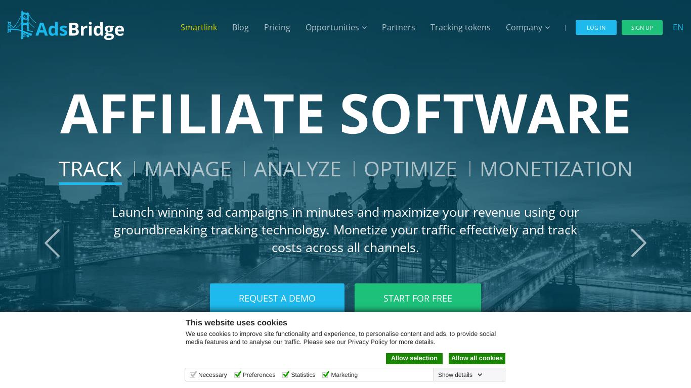 The affiliate marketing industry offers diverse software tools, but a tracking platform is essential for monitoring campaign productivity, optimizing traffic quality, and distributing it as needed. AdsBridge stands out as a universal solution with a wide range of tools and functions to increase business profitability. With features like split testing and fraud traffic detection, it's a valuable choice for modern affiliates.