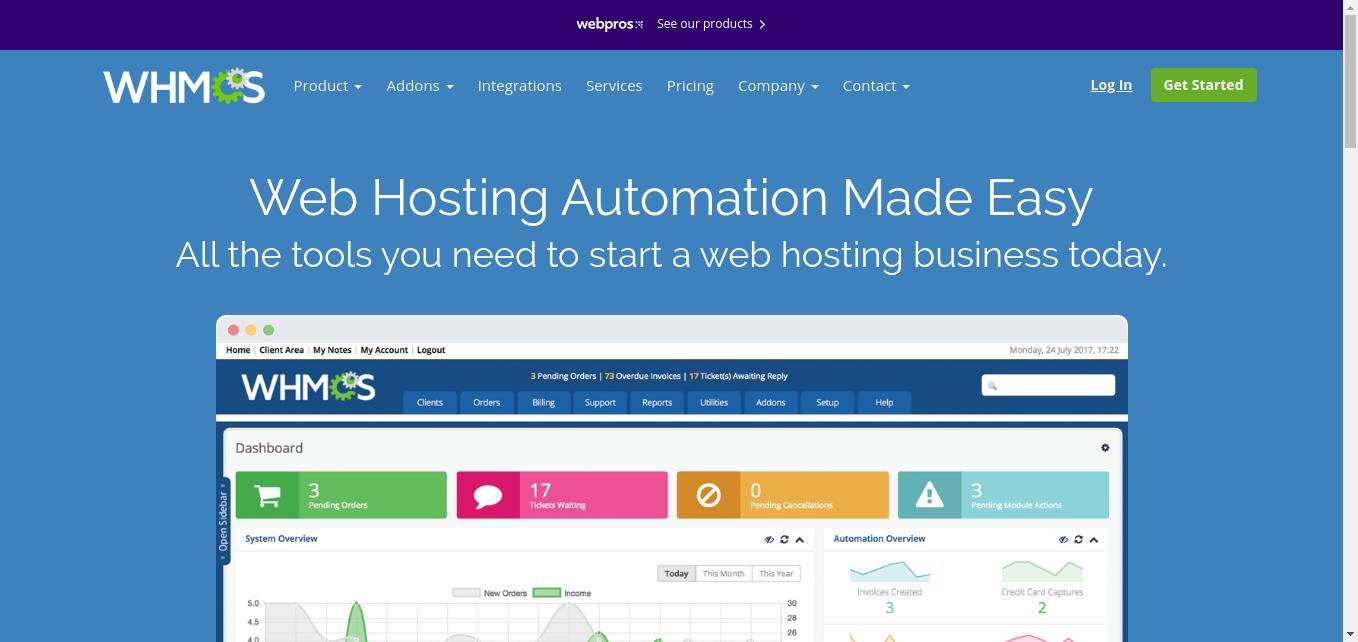 WHMCS is the leading web hosting management and billing software that automates all aspects of your business from billing, provisioning, domain reselling, support, and more. WHMCS easily integrates with all the leading control panels, payment processors, domain registrars and cloud service providers.
