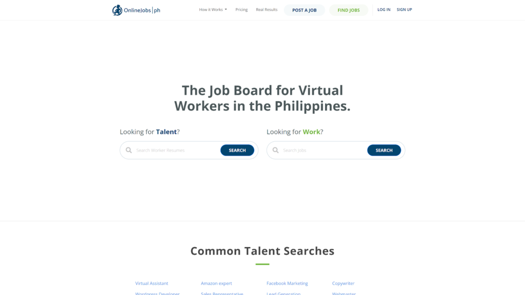 Página inicial do Onlinejobs.ph
