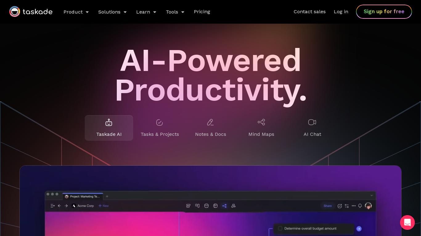 Taskade supercharges your productivity with AI! Build an AI Agent Workforce that writes, researches, and manages tasks, turning insights into action. Enjoy timeless productivity with automated workflows and real-time collaboration, all in one unified workspace. Work faster and smarter—chat with your tasks, notes, mind maps, and more. Accessible on all devices.