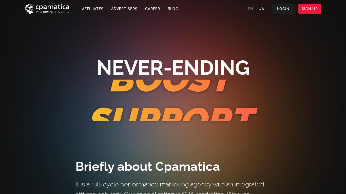 Cpamatica is a company that specializes in social discovery, finance, SaaS, insurance, software products, and website services. They use big data to automatically list, rank, and recommend solutions based on the user's digital footprint and behavior. The company focuses on acquisition and retention, supplying advertisers with tens of thousands of clients every month and generating additional sales through push notifications, emails, and remarketing. Their approach is analytical, with each decision based on data. They have a multitasking team that includes PPC specialists, media buyers, SEO specialists, copywriters, developers, and designers. They work with various traffic sources, including social media, SEO, and PPC traffic. They also create comparison websites for different industries. Cpamatica has achieved 10x growth in the last three years and has a wide product geography, with users in countries such as the USA, Ukraine, Kazakhstan, Nigeria, and Brazil. They have been present at various affiliate conferences worldwide. Their upcoming events include Affiliate World Europe in Barcelona and the TES Affiliate Conference in Prague.