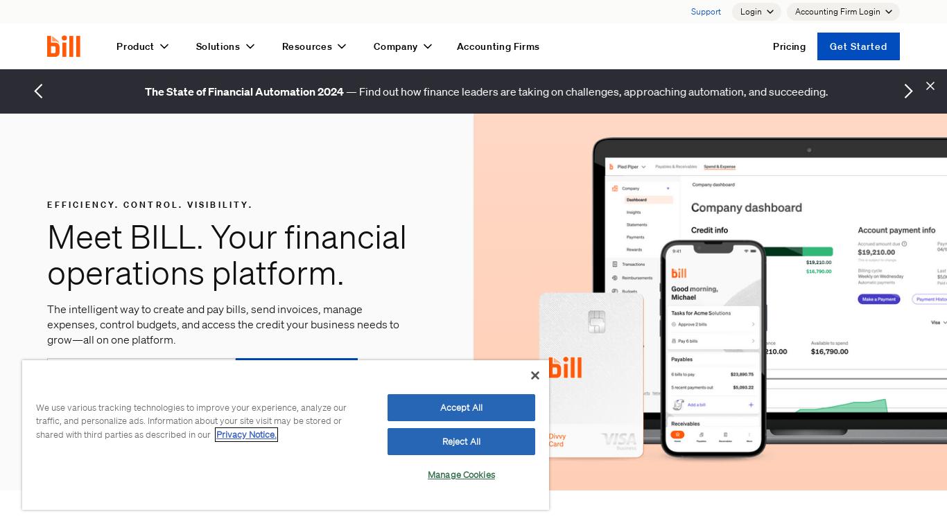 BILL is an intelligent platform that simplifies financial operations by automating the process of creating and paying bills, sending invoices, and getting paid. It streamlines the entire AP process in just 4 simple steps, collects and processes invoices in minutes, customizes approval policies, and approves bills with a simple swipe. BILL also allows users to make all their payments on one platform via ACH, credit card, virtual card, international wire, and even paper checks. It enhances visibility for more informed cash management decisions and simplifies reconciliation with auto-sync or data integration. Testimonials from satisfied customers confirm BILL's success in increasing efficiency and reducing manual effort.