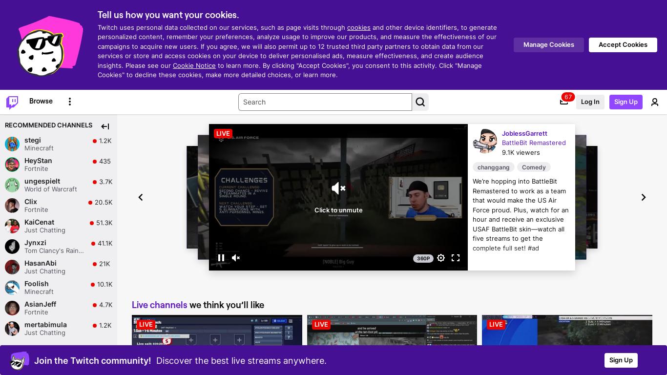 The given text provides information about various live streams and categories available on a platform, featuring different content creators and genres.