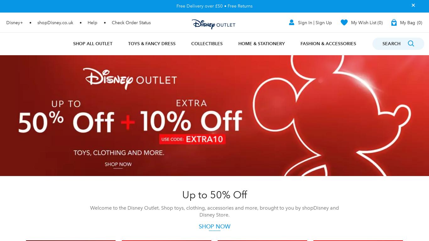Visit Disney Outlet UK for the latest deals and discounts. Save up to 50% on merchandise, toys, t-shirts and more from Disney, Star Wars, Marvel and Pixar.