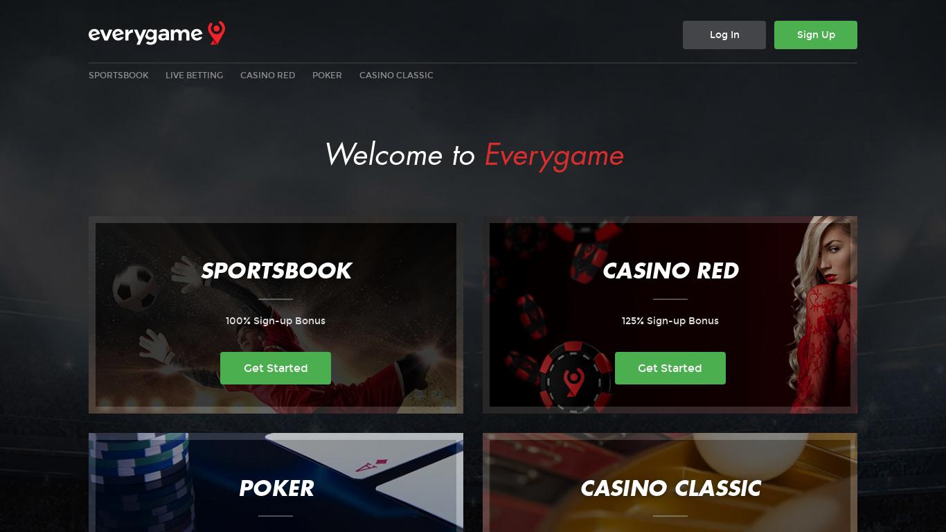 Welcome to Everygame, the world's first online Sportsbook since 1996. Easy sign up, instant wagers, and fast payouts. 100% Sign-up Bonus for Sportsbook, 125% for Casino Red, 200% for Poker, and 100% for Casino Classic. Access all with one account.24/7 support. Get started now!